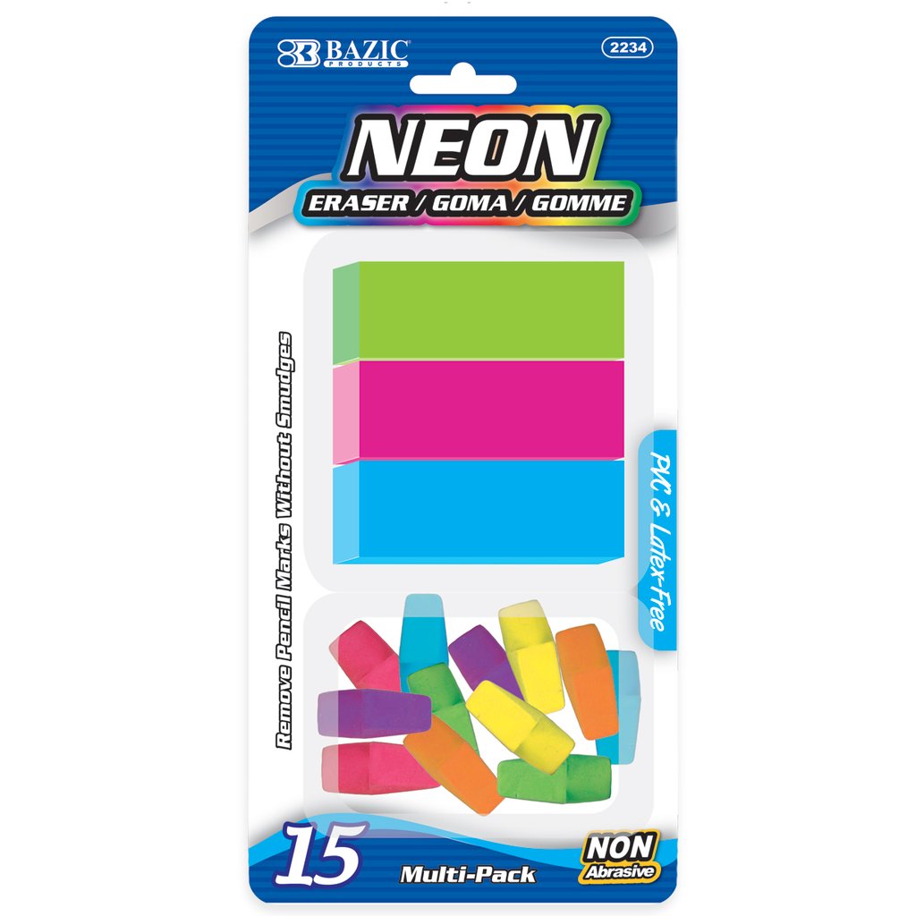 BAZIC Neon Eraser Sets ( 15/Pack) Sold in 24 Units