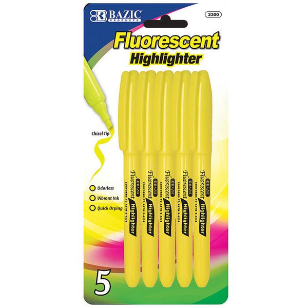 BAZIC Yellow Pen Style Fluorescent Highlighter w/ Pocket Clip (5/Pack) Sold in 24 Units