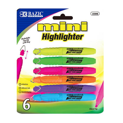 BAZIC Mini Fluorescent Highlighter w/ Cap Clip (6/Pack) Sold in 24 Units