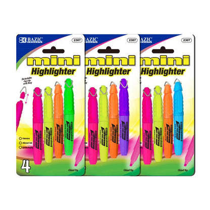 BAZIC Mini Fluorescent Highlighter W/ Cap Clip (4/Pack) Sold in 24 Units