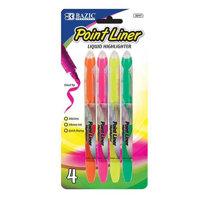 BAZIC Pen Style Fluorescent Color Liquid Highlighters (4/Pack) Sold in 24 Units