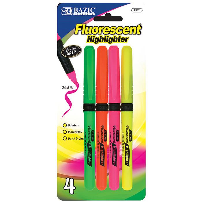 BAZIC Pen Style Fluorescent Highlighters w/ Cushion Grip (4/Pack) Sold in 24 Units