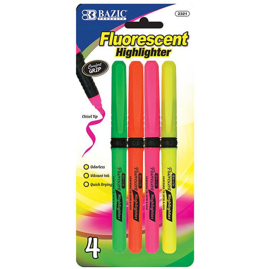 BAZIC Pen Style Fluorescent Highlighters w/ Cushion Grip (4/Pack) Sold in 24 Units