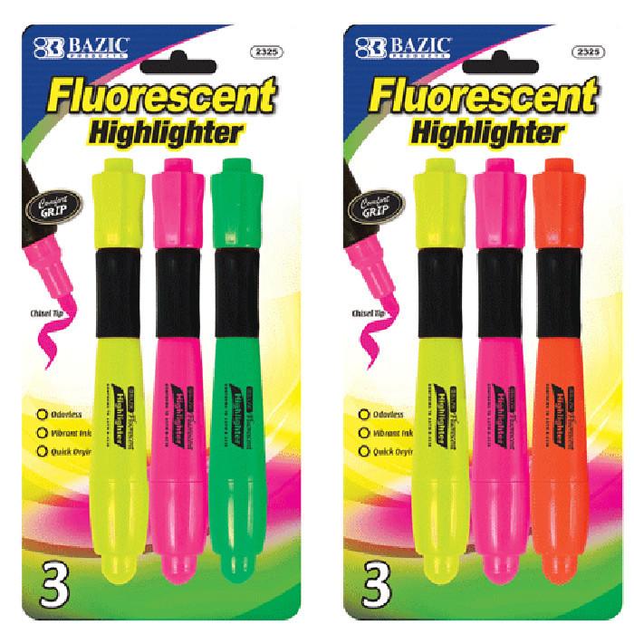 BAZIC Desk Style Fluorescent Highlighters w/ Cushion Grip (3/Pack) Sold in 24 Units