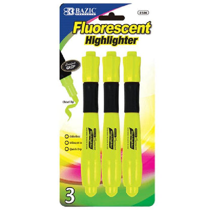 BAZIC Yellow Desk Style Fluorescent Highlighters w/ Cushion Grip (3/Pack) Sold in 24 Units