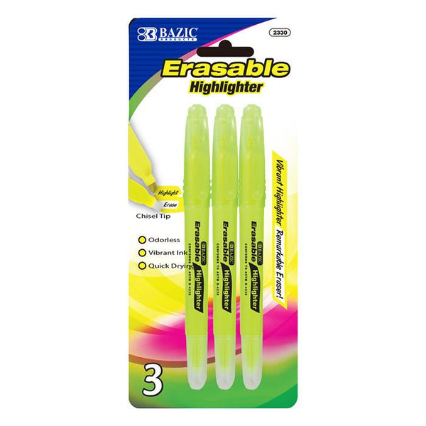 BAZIC Yellow Erasable Highlighter (3/Pack) Sold in 24 Units