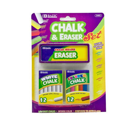 BAZIC 12 Color & 12 White Chalk w/ Eraser Set Sold in 24 Units