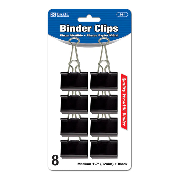BAZIC Medium 1 1/4" (32mm) Black Binder Clip (8/Pack) Sold in 24 Units