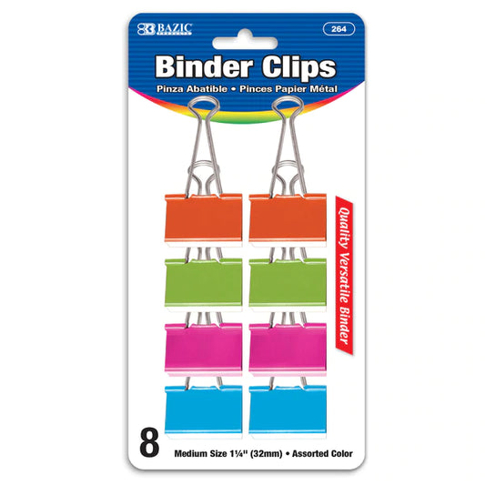 BAZIC Medium 1 1/4" (32mm) Assorted Color Binder Clip (8/Pack) Sold in 24 Units