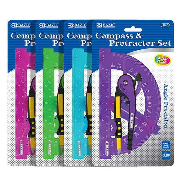 BAZIC Bright Color Scale-Arm Compass w/ #2 Wood Pencil & 6" Protractor Set Sold in 24 Units