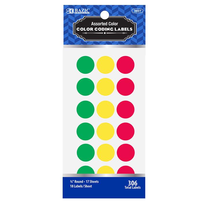 BAZIC Assorted Color 3/4" Round Label (306/Pack) Sold in 24 Units