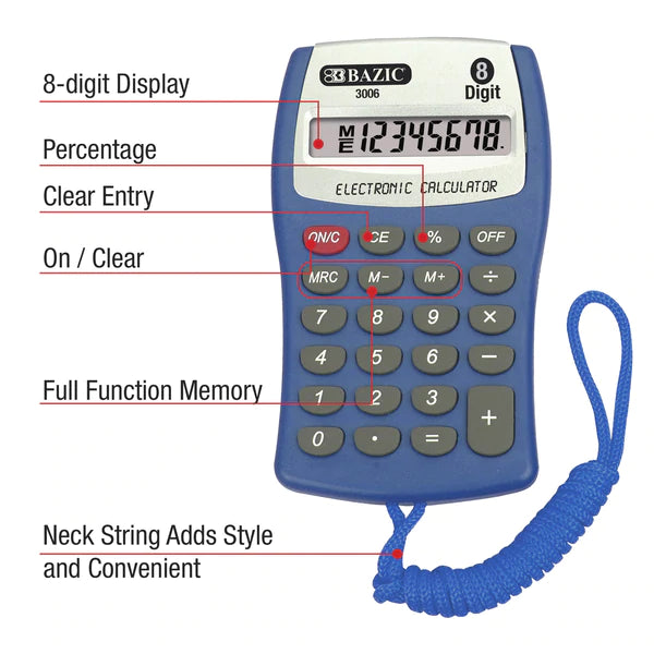 BAZIC 8-Digit Pocket Size Calculator w/ Neck String Sold in 24 Units