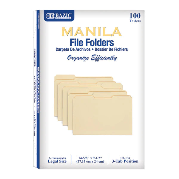 BAZIC 1/3 Cut Legal Size Manila File Folders (100/Box) Sold in 5 Units