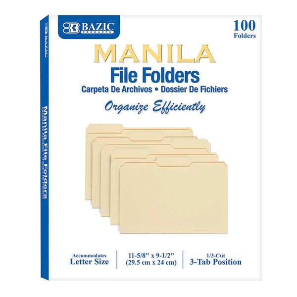 BAZIC 1/3 Cut Letter Size Manila File Folders (100/Box) Sold in 5 units