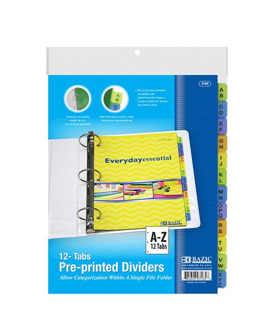 BAZIC 3-Ring Binder Dividers w/ 12 Pre-Printed A-Z Tabs Sold in 24 Units