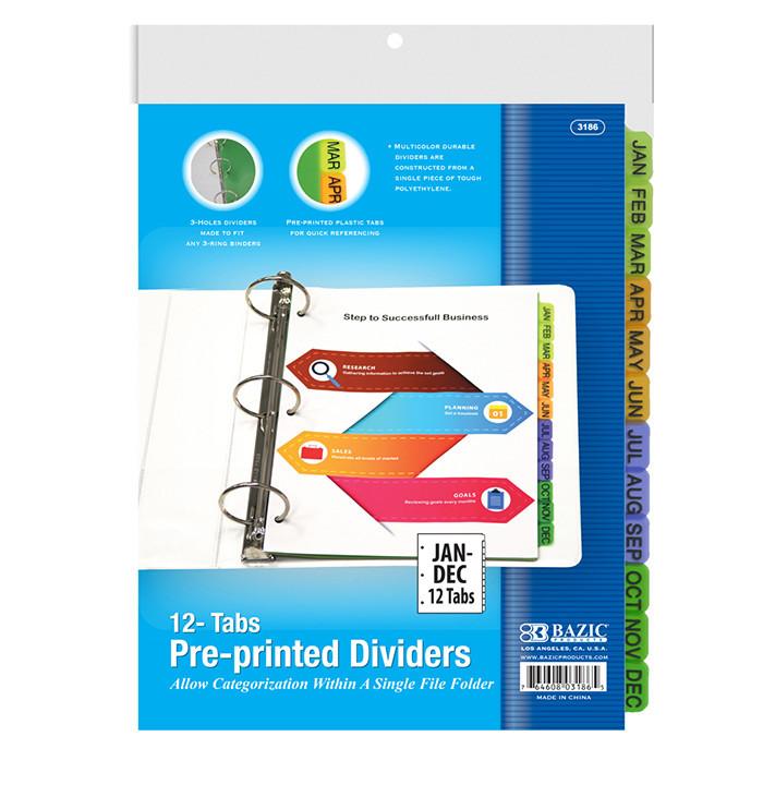 BAZIC 3-Ring Binder Dividers w/ 12 Pre-Printed Jan-Dec Tabs Sold in 24 Units