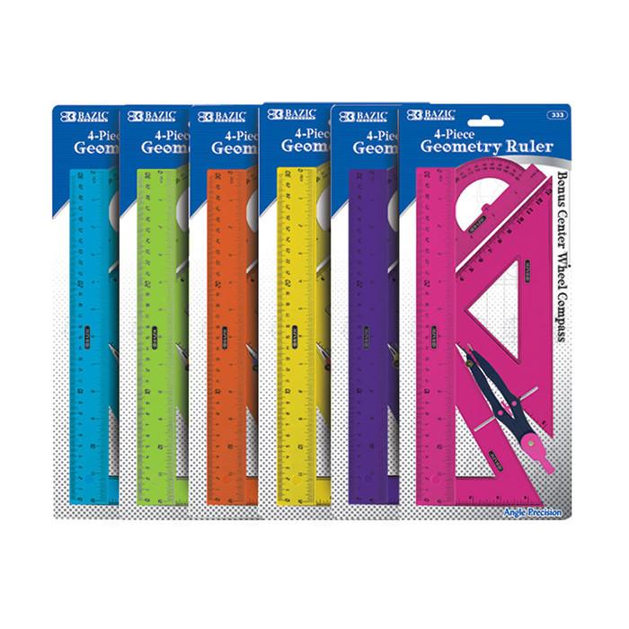 BAZIC 4-Piece Geometry Ruler Combination Sets w/ Center Wheel Compass Sold in 24 Units