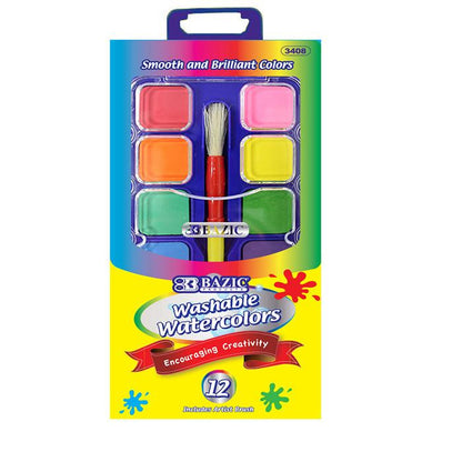 BAZIC 12 Color Watercolor w/ Brush & Mixing Palette Sold in 24 Units