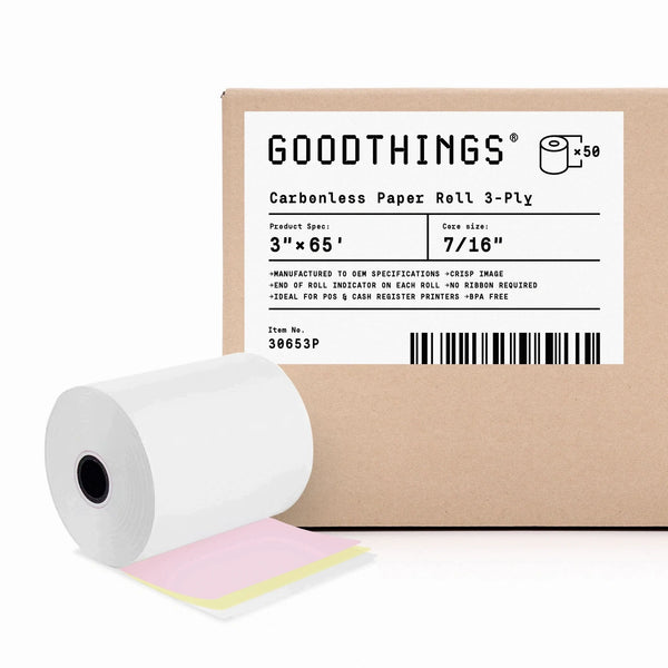 3" x 65' (50 Rolls) 3-Ply White / Canary / Pink Carbonless Paper (Ribbon Required)