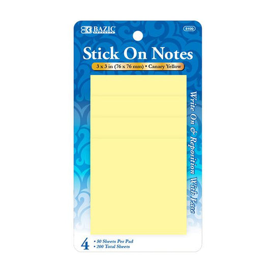 BAZIC 50 Ct. 3" X 3" Yellow Stick On Notes (4/Pack) Sold in 24 Units