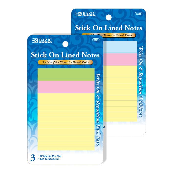 BAZIC 40 Ct. 3" X 3" Lined Stick On Notes (3/Pack) Sold in 24 Units