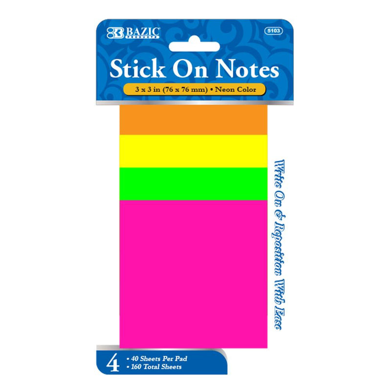 BAZIC 40 Ct. 3" X 3" Neon Stick On Notes (4/Pack) Sold in 24 Units