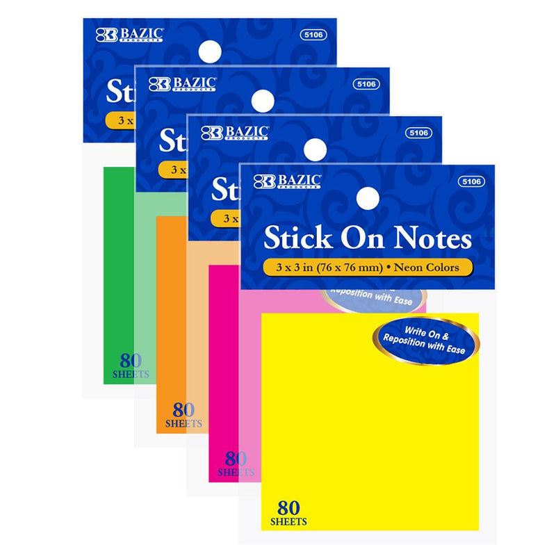 BAZIC 80 Ct. 3" X 3" Neon Stick On Notes Sold in 24 Units