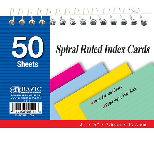 BAZIC 50 Ct. Spiral Bound 3" X 5" Ruled Colored Index Card Sold in 36 Units