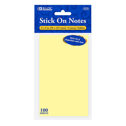 BAZIC 100 Ct. 3" X 5" Yellow Stick On Notes Sold in 24 Units