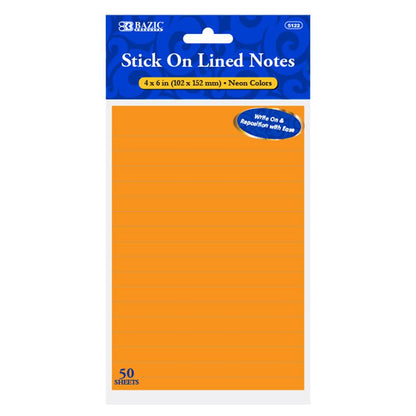 BAZIC 50 Ct. 4" X 6" Neon Lined Stick On Notes Sold in 24 Units