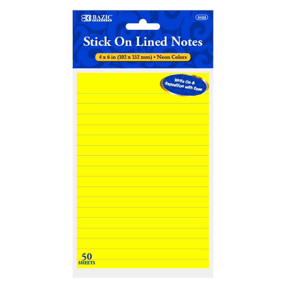 BAZIC 50 Ct. 4" X 6" Neon Lined Stick On Notes Sold in 24 Units