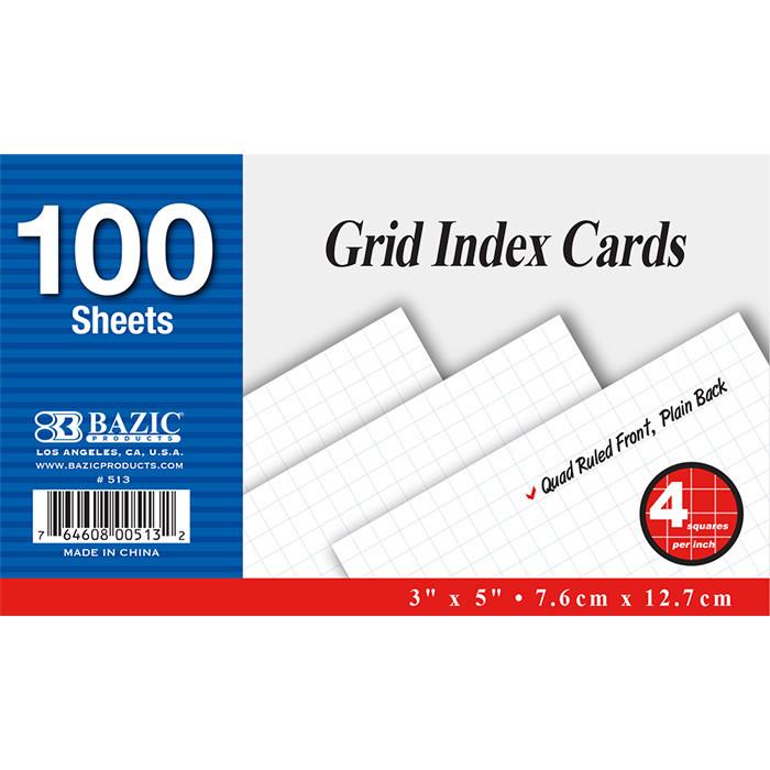 BAZIC 100 Ct. 3" X 5" Quad Ruled 4-1" White Index Card Sold in 36 Units