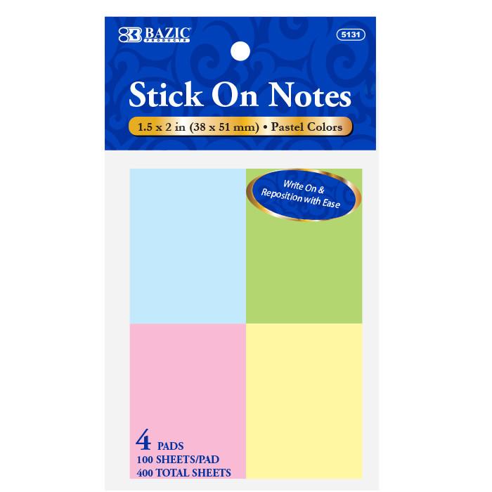 BAZIC 100 Ct. 1.5" X 2" Stick On Notes (4/Pack) Sold in 24 Units