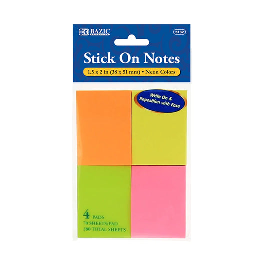 BAZIC 70 Ct. 1.5" X 2" Neon Stick On Notes (4/Pack) Sold in 24 Units