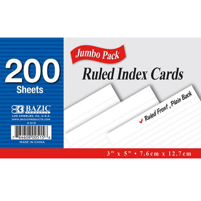 BAZIC 200 Ct. 3" X 5" Ruled White Index Card Sold in 36 Units