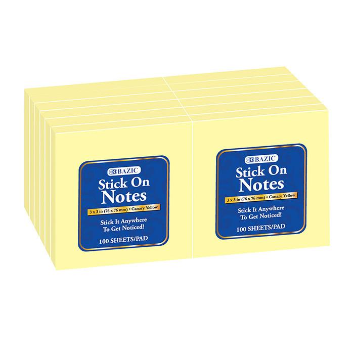 BAZIC 100 Ct. 3" X 3" Yellow Stick On Notes (12/Shrink) Sold in 12 Units