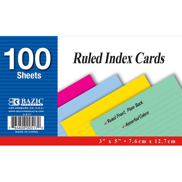 BAZIC 100 Ct. 3" X 5" Ruled Colored Index Card Sold in 36 Units