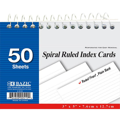 BAZIC 50 Ct. Spiral Bound 3" X 5" Ruled White Index Card Sold in 36 Units