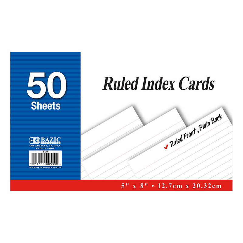 BAZIC 50 Ct. 5" X 8" Ruled White Index Card Sold in 36 Units