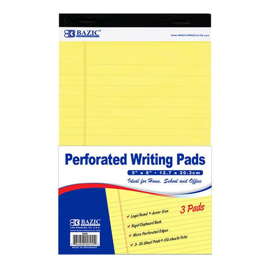 BAZIC 50 Ct. 5" X 8" Canary Jr. Perforated Writing Pad (3/Pack) Sold in 24 Units