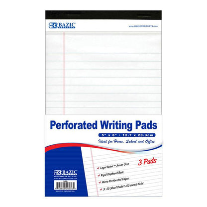 BAZIC 50 Ct. 5" X 8" White Jr. Perforated Writing Pad (3/Pack) Sold in 24 Units