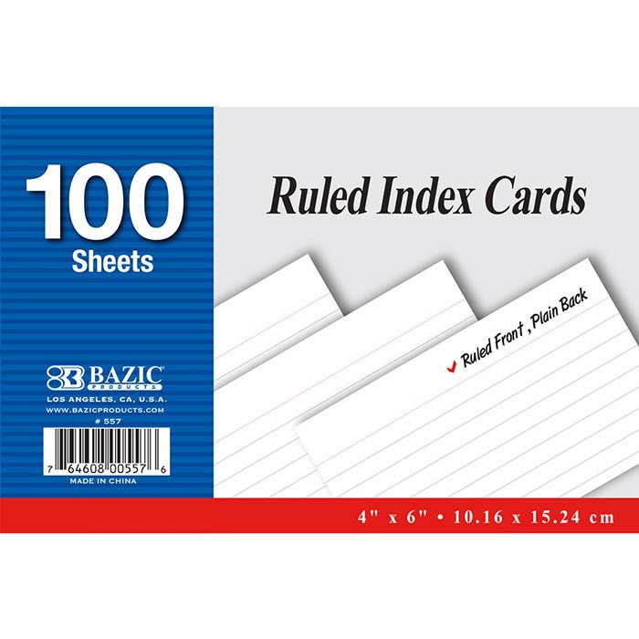 BAZIC 100 Ct. 4" X 6" Ruled White Index Card Sold in 24 Units