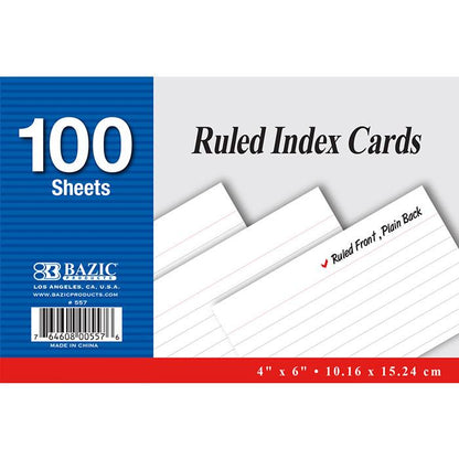 BAZIC 100 Ct. 4" X 6" Ruled White Index Card Sold in 24 Units