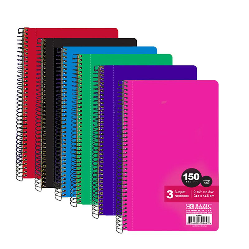 BAZIC C/R 150 Ct. 9.5" X 5.75" 3-Subject Spiral Notebook Sold in 24 Units