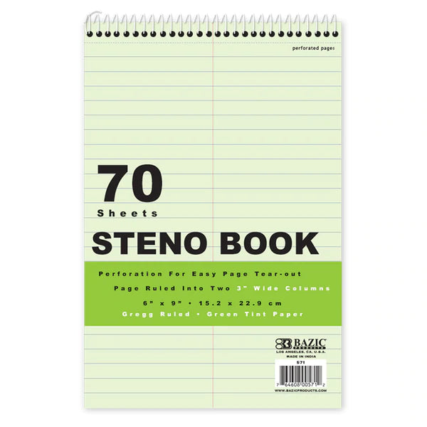 BAZIC 80 Ct. 6" X 9" Green Tint Gregg Ruled Steno Book Sold in 48 Units