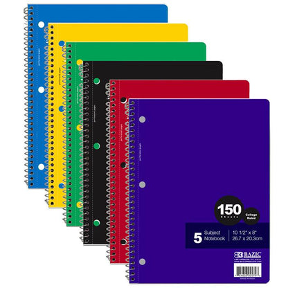 BAZIC C/R 150 Ct. 5-Subject Spiral Notebook Sold in 24 Units