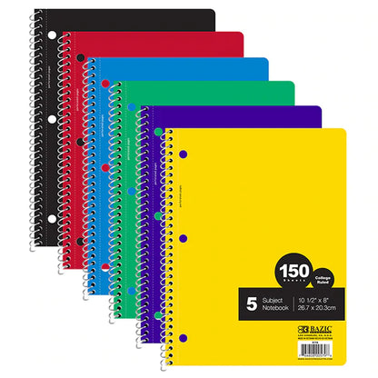 BAZIC C/R 150 Ct. 5-Subject Spiral Notebook Sold in 24 Units