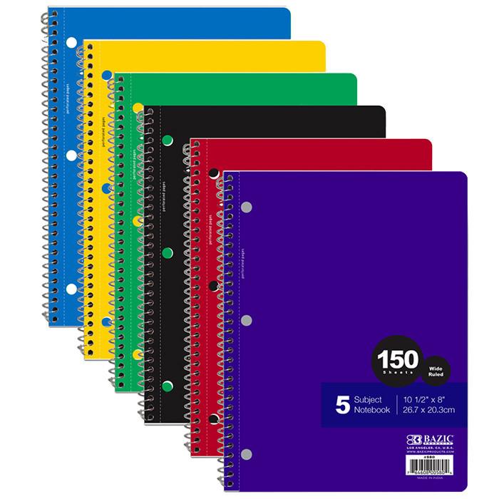 BAZIC W/R 150 Ct. 5-Subject Spiral Notebook Sold in 24 Units