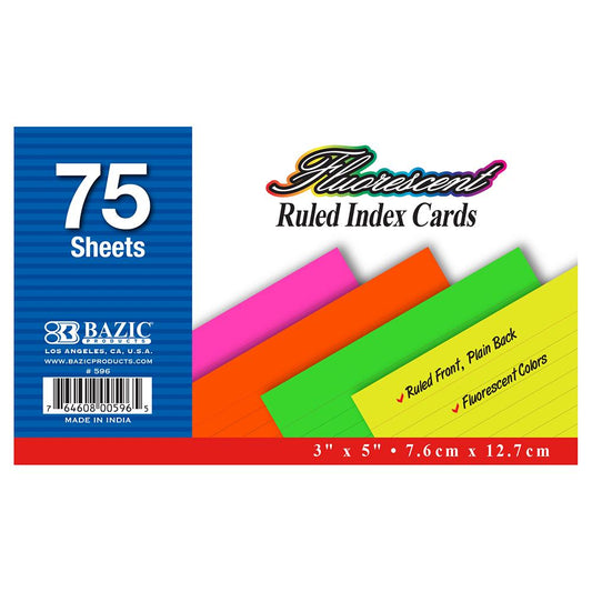 75 Ct. 3" X 5" Ruled Fluorescent Colored Index Card Sold in 36 Units