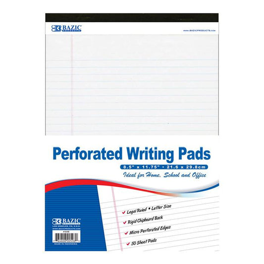 BAZIC 50 Ct. 8.5" X 11.75" White Perforated Writing Pad Sold in 48 Units